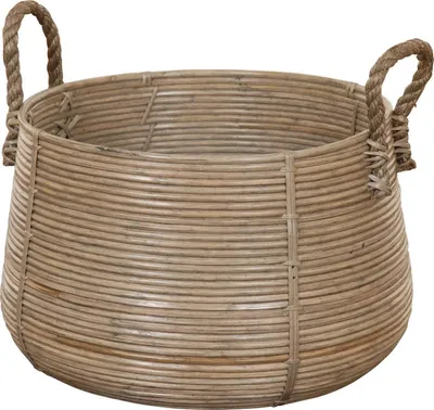 Produktbild von KRINES HOME Retro-Design Dekokorb / Tragekorb, Aufbewahrungskorb mit Seil-Griffen / Flechtkorb aus Natur Rattan / Holzkorb, Korb Box Henkel Aufbewahrung (Grau)