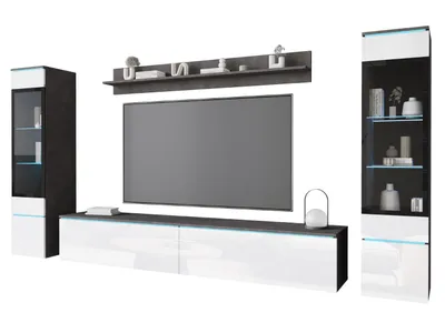 A modern media console unit with a TV, shelves, and two display cabinets.