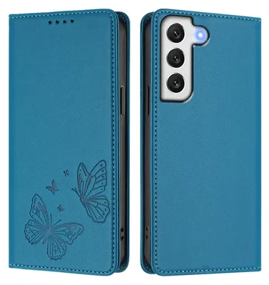 Produktbild von Lederhülle für Samsung Galaxy S22 5G, Schmetterling Prägung Leder Brieftasche Schutzhülle mit Ständer Blau