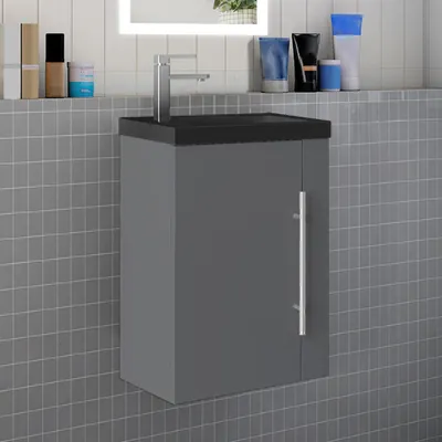Produktbild von Badmöbel 45cm Schwarz Waschtisch mit Unterschrank Matt Dunkelgrau Hängeschrank Badschrank Kleine Badezimmerschränke