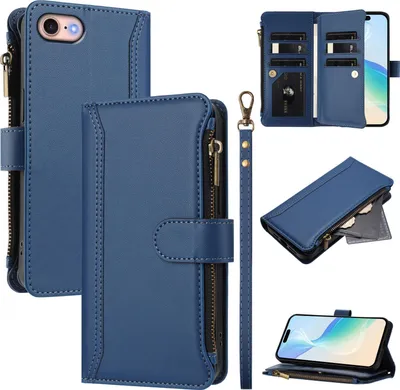 Image de Etui pour iPhone SE 2022/SE 2020/8/7/6, zippé, étui portefeuille en cuirPolyuréthaneavec poches pour cartes, support et dragonne bleu