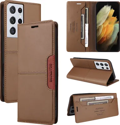 Produktbild von Handyhülle für Samsung Galaxy S21 Ultra 5G Hülle, Leder Flip Wallet Kartenfach Stand Schutzhülle Braun