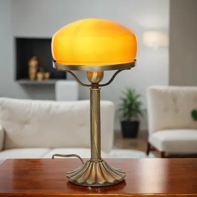Obrázek produktu pro Exkluzivní stolní lampa Houbová lampa mosazná základna bronzové oranžové sklo E27 do 60 W Stolní lampa v bankéřském stylu Houbová lampa secesní Plzeňská stolní lampa