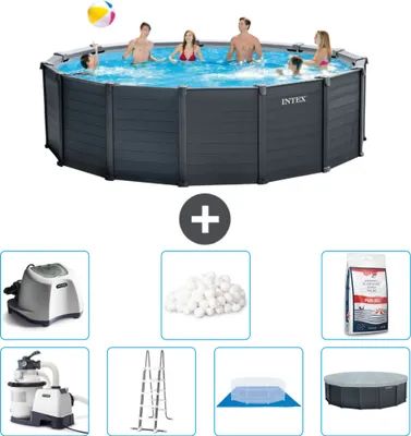 Produktbild von Intex runder Pool mit graphitgrauem Paneel – 478 x 124 cm – inklusive Pumpe – Leiter – Bodenplane – Abdeckung Salzwassersystem - Filterbälle - Poolsalz