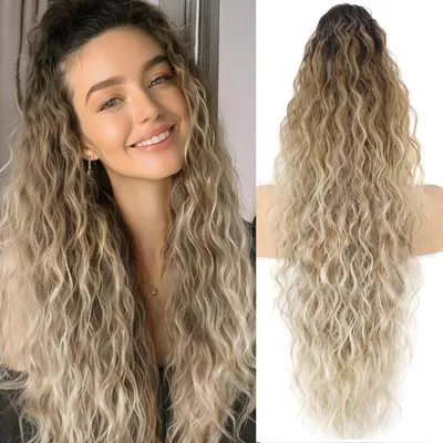 Immagine prodotto di Caschetto per capelli a forma di coda di cavallo, lungo, ondulato e riccio, 75 cm, colore marrone sfumato in biondo