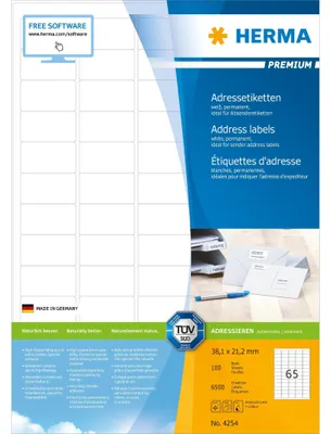 Zdjęcie produktu dla HERMA 4254, Biały, Samoprzylepne etykiety do drukowania, A4, Papier, Laser/Atrament, Na stałe