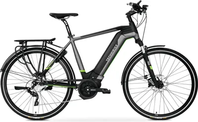 A studio shot of a grey and black electric bicycle with green accents, presented on a white background.