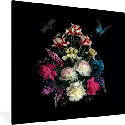 Produktbild von MuchoWow® Gerahmtes Poster Blumen - Schmetterling - Stilleben 40x40 cm - Poster mit Schwarzem Bilderrahmen Wandposter Rahmen Foto Bilder - Mit Rahmen - Wanddekoration Schlafzimmer