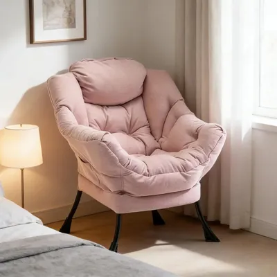 Image de Fauteuil en velours, structure en métal, fauteuil club, fauteuil relax, dimensions : 64 x 80 x 95 cm, couleur : rose