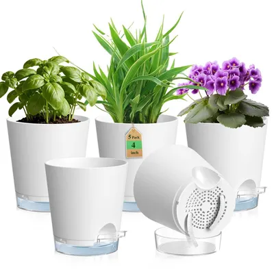 Produktbild von Blumentopf Selbstbewässernd 5er Set Weiß Ø 10,2 cm Plastik mit Wasserreservoir