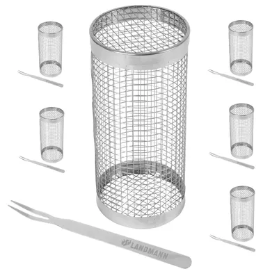 Produktbild von 6x LANDMANN Grillkorb rund mit Gabel aus Edelstahl 20x9cm Grillzubehör Gemüsekorb Camping