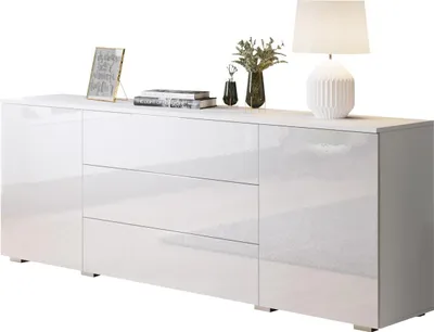 Produktbild von MIRJAN24 Kommode Awit 150 Highboard mit 3 Schubladen und 2 Türen, Stilvoll Sideboard, Wohnzimmer Schrank (Farbe: Weiß / Weiß Hochglanz)