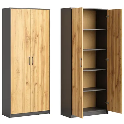 Produktbild von Schrank Mehrzweckschrank Aktenschrank Hochschrank mit 5 Fächern, 2 Türen, 74x35x180 cm, vielseitig einsetzbar für Büro, Flur, Küche, Hauswirtschaftsraum, stabil & pflegeleicht | graphit / eiche