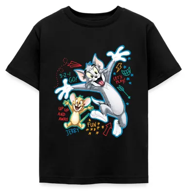 Produktbild von Spreadshirt Tom Und Jerry Play Time Kinder T-Shirt, 122/128 (7-8 Jahre), Schwarz