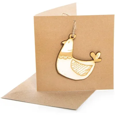 Produktbild von 3 Klappkarten aus Kraftpapier mit Huhn aus Holz - 15 x 15 cm