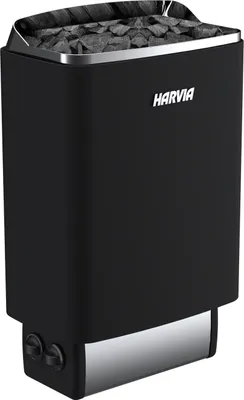 A black Harvia sauna heater with a silver base and top, filled with sauna stones.