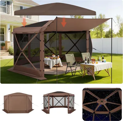 Produktbild von Pop-up Pavillon - Faltpavillon Partyzelt - Größe 3,6 x 3,6 m - Sechsseitig - Abnehmbares Dach - Mit Tragetasche - Sonnenschutz - Für 8–10 Personen - Braun