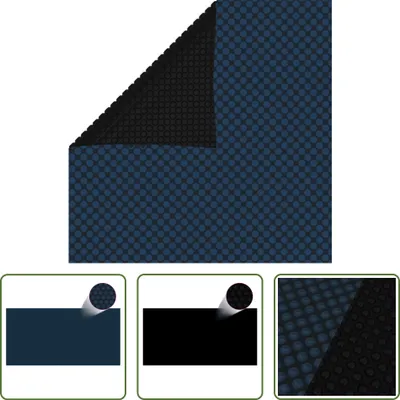 A folded pool solar cover with a blue patterned side and a black side, shown with close-up views of the material.