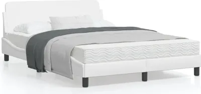 A white bed frame with a mattress and bedding, shown from a side angle against a white background.
