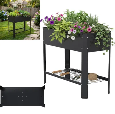 Produktbild von XINZI Hochbeet Raised Bed verzinktes Stahlblech mit Stauraum Drainagelöchern wetterfest rostbeständig für Kräuter & Blumen, Schwarz(ohne Rollen)