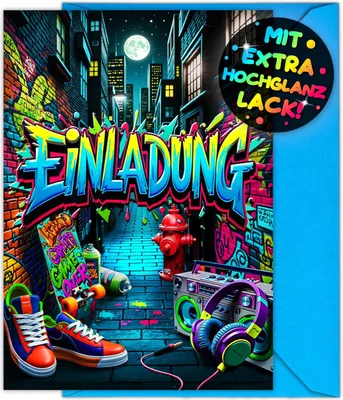 Produktbild von Einladungskarten 12 Stück, Graffiti Design, für Kindergeburtstage, inklusive 12 Umschläge