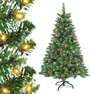 Obrázok produktu pre UISEBRT Umelý vianočný stromček s osvetlením 120 cm LED vianočné stromčeky Jedľa stromček dekorácie stromček s rozprávkové svetlá a stojan zelená PVC s efektom snehu a borovicové šišky