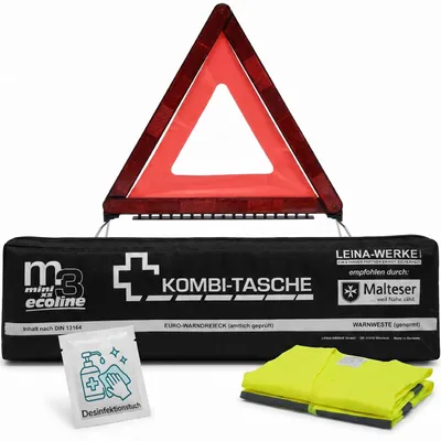 Immagine prodotto di Kit di emergenza per auto, completo di triangolo di segnalazione e giubbotto di sicurezza, conforme alle normative europee