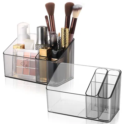 Produktbild von 2-teiliges Make-up-Organizer-Set, Kosmetikkoffer, Pinselhalter, transparente Aufbewahrungsbox für Hautpflege- und Make-up-Pinsel, Make-up-Organizer-Box mit Tragetasche