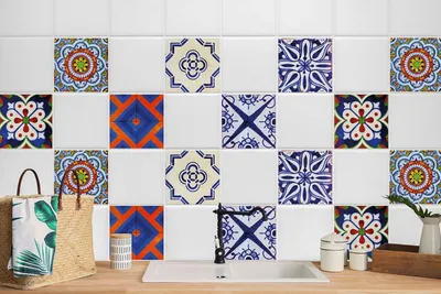 Produktbild von 24 Stück Laminierter Klebefolienset Wandfliesen für Küche Bad Selbstklebende Bunte Muster 20 x 20 cm