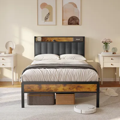 Obrázek produktu pro Bealife BF25 Twin Bed, standardní rám postele s plošinou, 220,5 x 120 x111 cm, kovový rám postele s odkládacím čelem, robustní - tmavě šedá barva