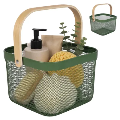 Imagen del producto de Relaxdays, juego de 2 cestos de alambre con asa, metal y bambú, dimensiones: 17,5 x 26 x 24,5 cm, cestos de almacenamiento cuadrados, color verde menta