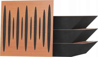 A panel with sound-absorbing grooves and three angled bass traps are shown against a white background.