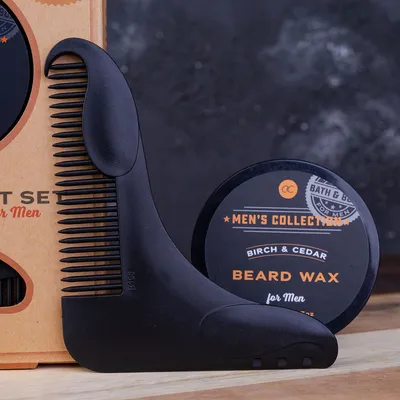 Produktbild von Männer Geschenk Pflege Set Rasur "Bartwachs & 2in1 Tool Bartkamm | Schablone