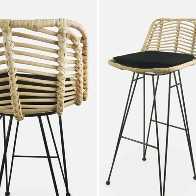 Two views of a rattan bar stool with black metal legs and a black seat cushion, presented against a plain white background.