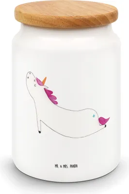 Produktbild von Mr. & Mrs. Panda Lebensmittelbehälter Einhorn Yoga - Weiß - Geschenk, Achtsamkeit, Witzig, keramikdose, Einhörner, Vorratsbehälter, Unicorn, Dose, behälter, Keksdose
