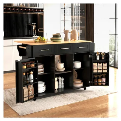 Produktbild von Küchenwagen mit 5 Rollen, Servierwagen für die Küche, Kücheninsel mit erweiterbarer Arbeitsplatte, Küchentrolley mit Schubladen, Esswagen in Schwarz und Natur, 139x46(71)x91,5cm