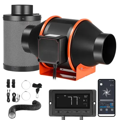 Produktbild von Rohrventilator mit Aktivkohlefilter - 10,16 cm Inline-Kanalventilator - 349 m³/h Luftleistung - EC-Motor - PWM & App-Steuerung - 10 Stufen 9 h Timer - Für Gewächshaus Keller