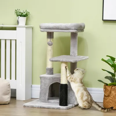 Produktbild von Katzenkratzbaum 80 cm, Kratzbaum mit Massageecke, Katzenhöhle, Sisal, Plüsch, Hellgrau | 48x48x80 cm | 8,2 kg | Spanplatte