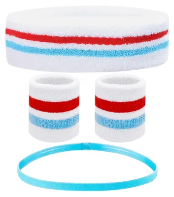 Produktbild von Ein 4-teiliges Set bestehend aus einem Sport-Kopfband und Armbändern im gestreiften Design
