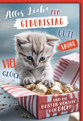 Produktbild von Geburtstag Glückwunschkarte mit Umschlag Katzemit Geschenk beste Wünsche gute Laune Glück