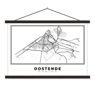 Produktbild von MuchoWow® Textilposter Karte - Ostende - Belgien - Schwarz und weiß - Stadtplan 90x60 cm mit schwarzem Rahmen - Aufhängungssatz
