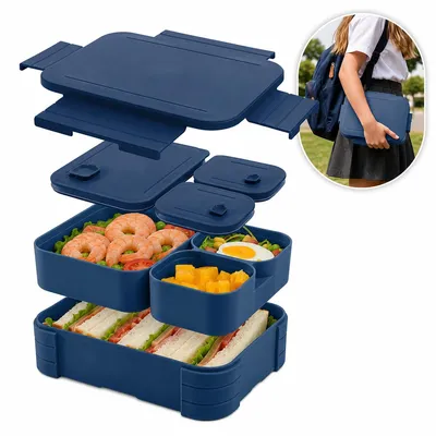 Produktbild von Silikon-Brotdose mit Unterteilungen, mikrowellengeeignet, kühlschrankgeeignet und auslaufsicher, für Schüler, Blau