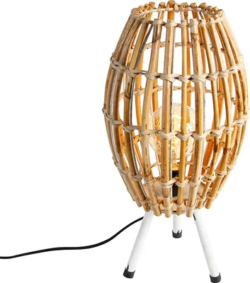 Produktbild von QAZQA - Landhaus I Vintage Ländliches Tischlampen-Stativ Bambus mit Weiß - Canna Capsule I Wohnzimmer I Schlafzimmer - Bamboo Oval - LED geeignet E27