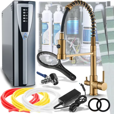 Obrázek produktu pro 3cestná kuchyňská baterie Ari Solid Spring s přípojkou pro filtr vody, dvěma výtoky, otočná 360, kartáčované zlato