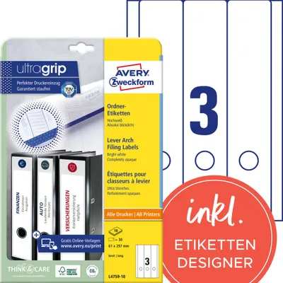 A product shot of Avery Zweckform lever arch filing labels, showing the packaging and a representation of the product.