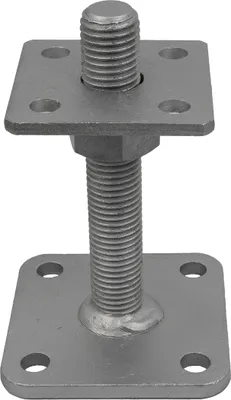A metal post support with a threaded bolt and square base plates.