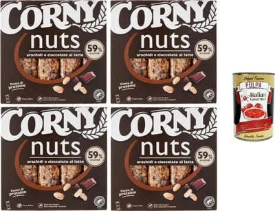 Produktbild von Corny Nuts Riegel mit Getreide, Erdnüssen und Milchschokolade, ohne Palmöl, Ballaststoffquelle 4x96gr + Italian Gourmet polpa 400g