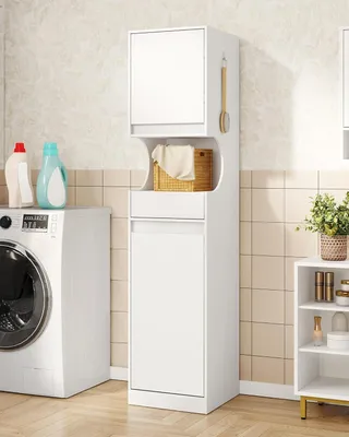 Image de Armoire de salle de bain avec panier à linge - Armoire haute avec 1 tiroir et étagères ouvertes - Armoire blanche - 40x40x174 cm