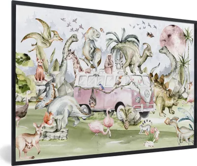 Produktbild von MuchoWow® Gerahmtes Poster Dinosaurier - Kinder - Bus - Bäume - Tiere - Kinder 90x60 cm - Poster mit Schwarzem Bilderrahmen Wandposter Rahmen Foto Bilder - Fotorahmen - Foto-Plakat