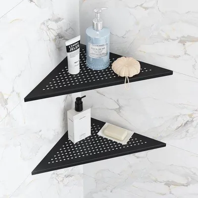 Productafbeelding van Unyqoos® 2-delige set zwarte hoekdoucheplanken van roestvrij staal 304 – corrosiebestendig, boorvrije montage, waterafvoerkleuren, ruimtebesparend
